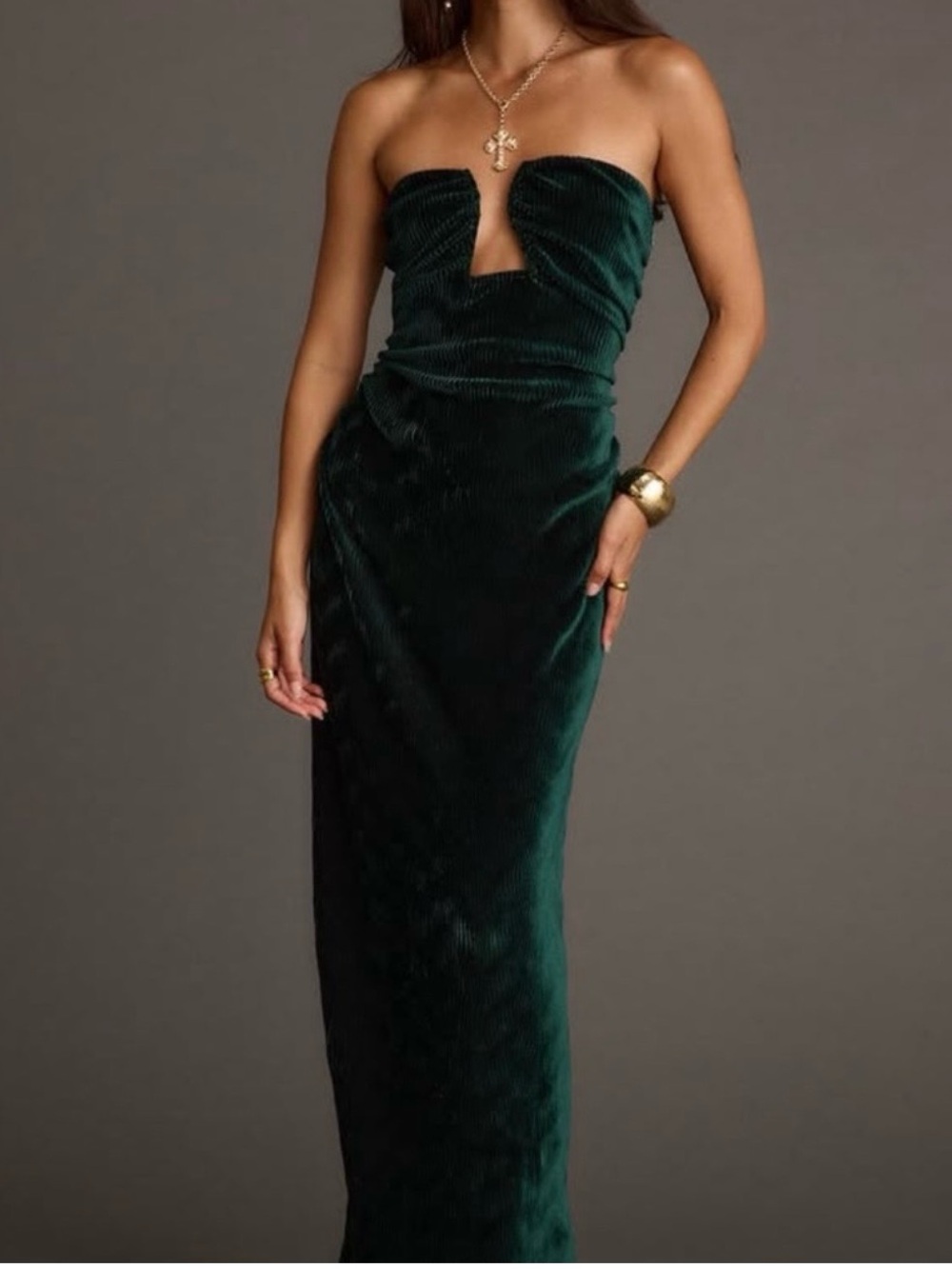 12th Tribe Strapless Velvet Maxi Dress in Emerald Green